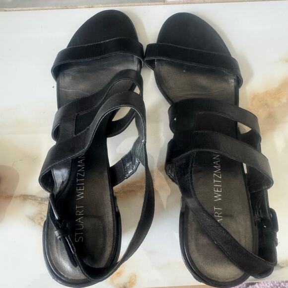 Stuart Weitzman Milanese Black Leather Strappy Block Heel Sandals Shoes Size 9 - Picture 2 of 8